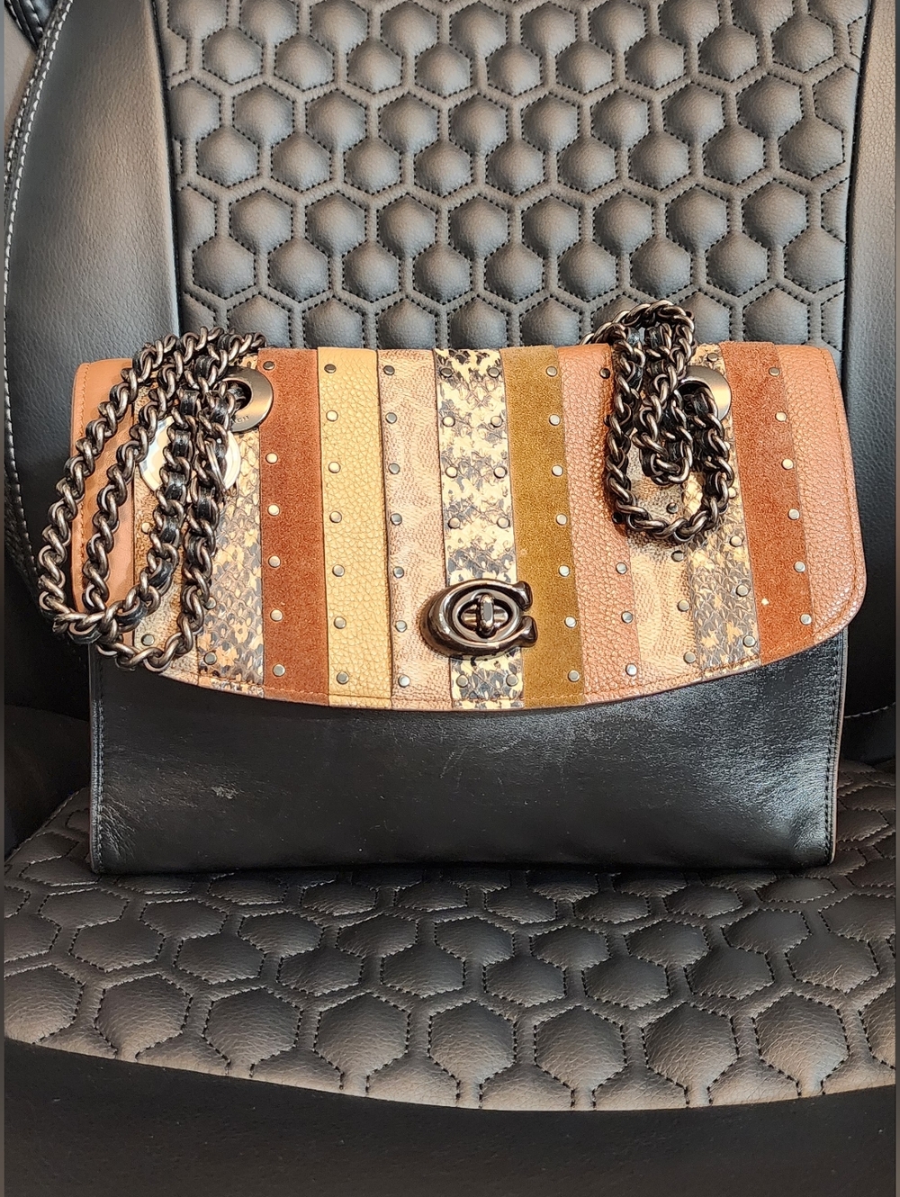 Coach Black Leather Shoulder Bag with Brown, Tan & Gold Striped Flap